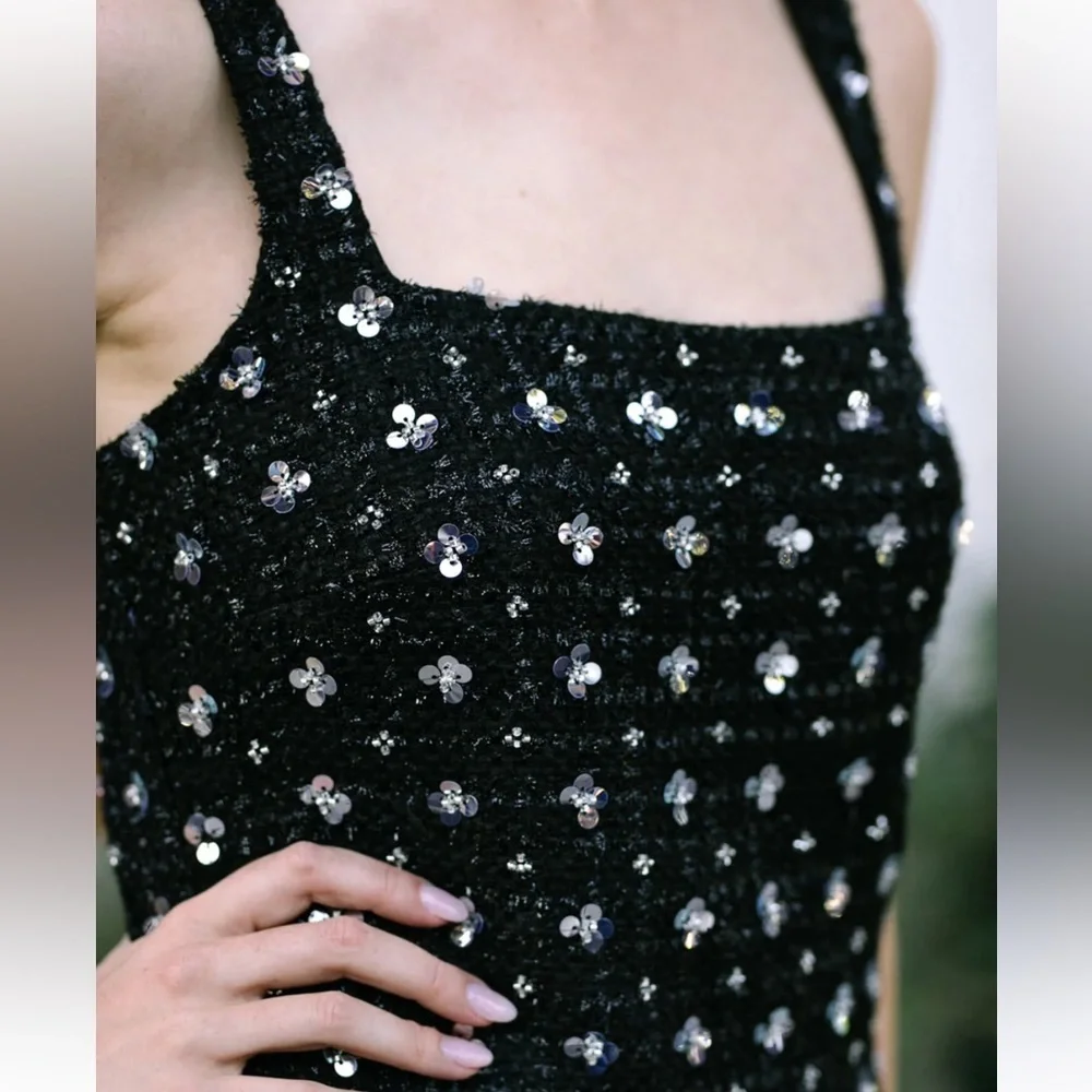 Storia Sequin Tweed Clovers Flowers Side Slit Mini Party Dress Size Large - Picture 4 of 16